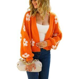 Women's Fuzzy Daisy Pattern Cropped Cardigan Knit Sweater Open Front